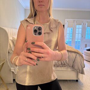 LANVIN Womens Metallic Nude Silk Ruffle Trim Sleeveless Top Blouse Size 38